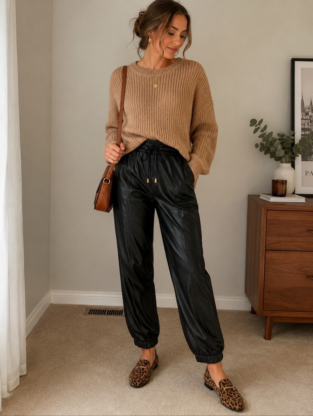Faux Leather Jogger Pants Black Elastic Waist Drawstring Cargo Style CiSono Med